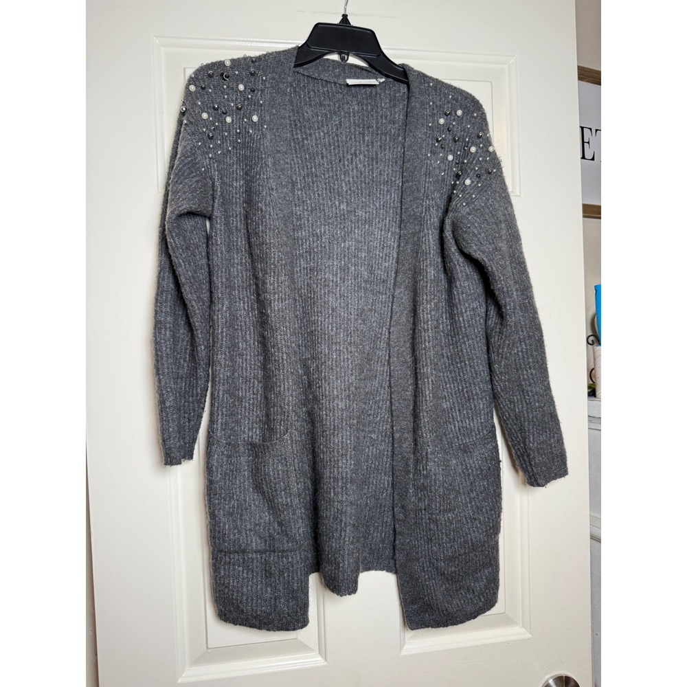 Kaffe Cammi‎ Rib Cardigan Grey Pearl Stud Embellished Open Front Sweater XS